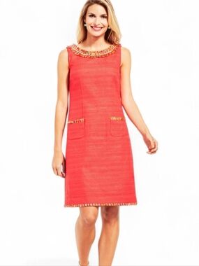 Talbots Melon Orange/Pink Textured Fringe-Neck Shift Dress Sz 4
